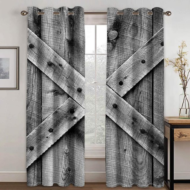 Zweiteiliger Vorhang im Bauernhaus-Stil mit 3D-Digitaldruck Holzplanken-Optik, grau, B: 50 cm, H: 130 cm - Bild 1