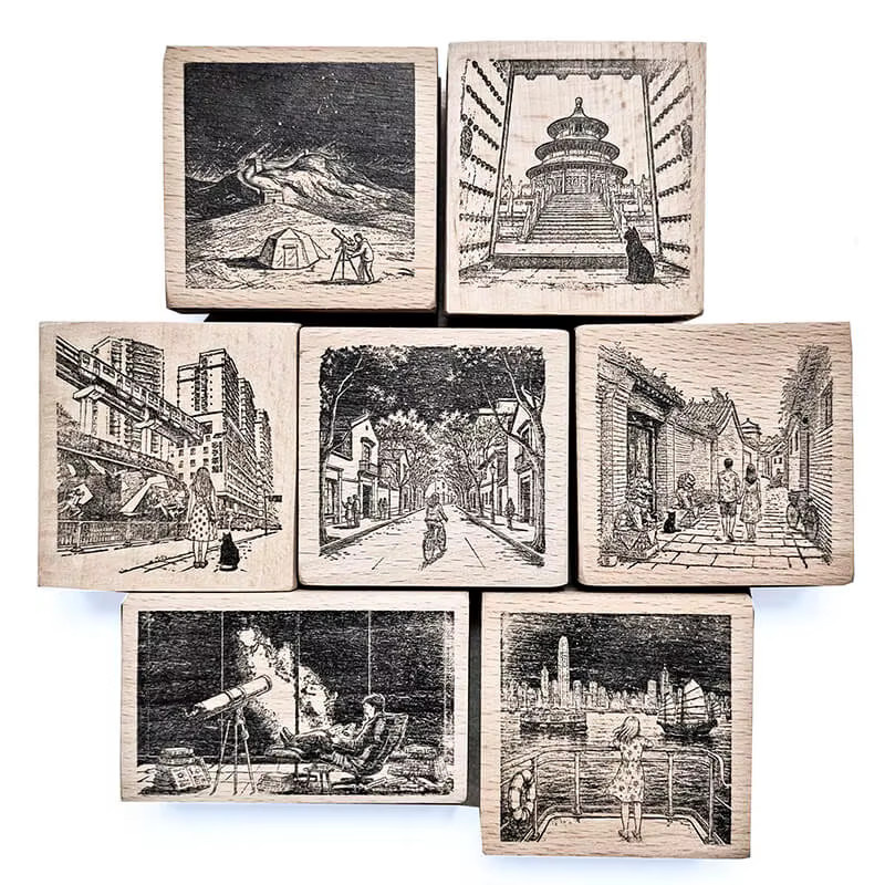 Holzstempel Set für Scrapbooking und Reisetagebuch mit China Reise Motiven wie Shanghai Peking und Chongqing in Braun - Bild 3
