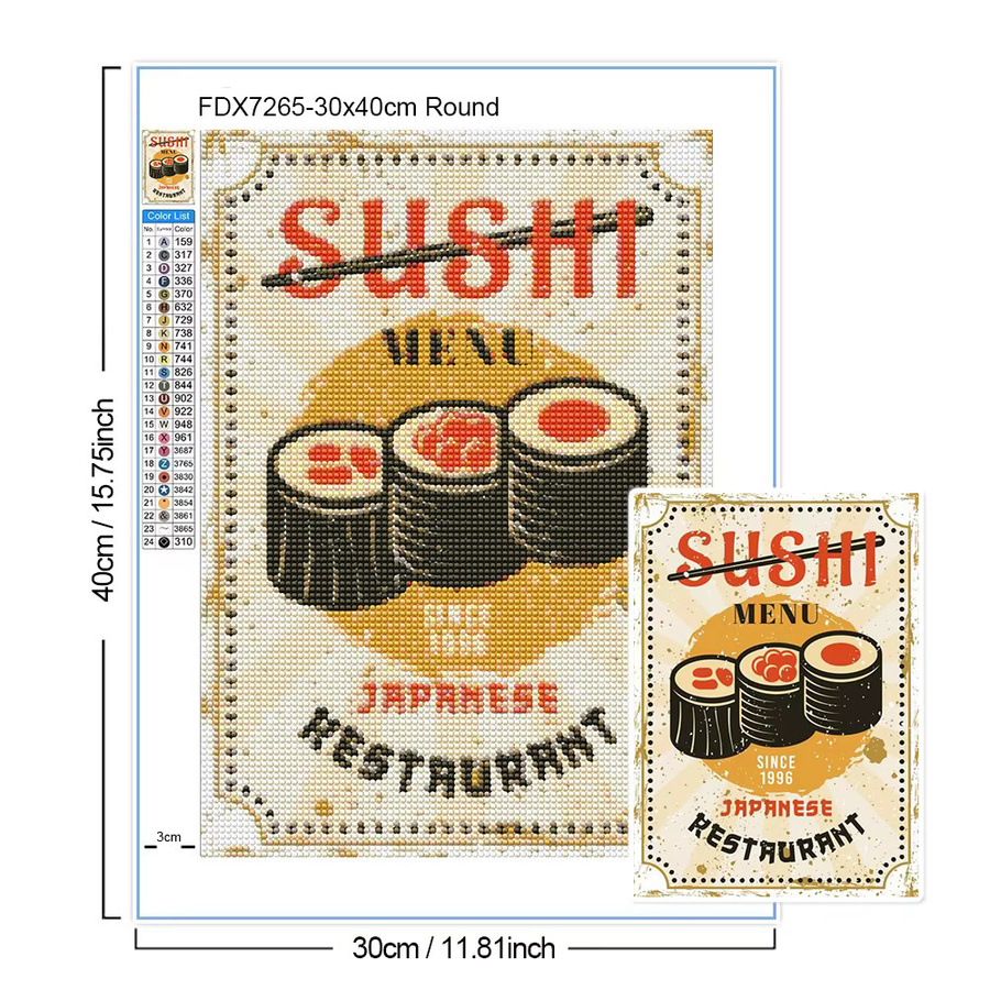 QIZITENG 5D Diamantmalerei Vintage Essen Poster als DIY Mosaik Stickerei mit Hamburger und Sushi Motiv in Multicolour - Bild 3