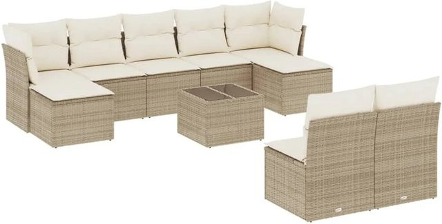 vidaXL 10-tlg. Garten-Sofagarnitur in L-Form mit Kissen und Couchtisch, Beige, Poly Rattan und Metallgestell - Bild 1