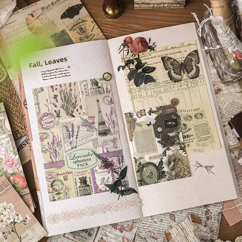 100 Stück Vintage Scrapbooking Papier Set mit Blumen und Schmetterlingen in Multicolour für DIY Tagebuch und Junk Journal Dekoration - Bild 1