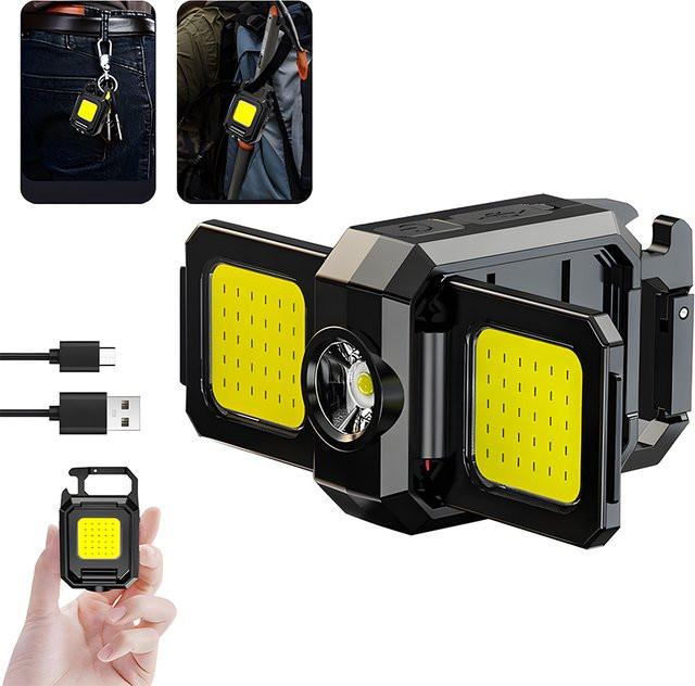 Heinast Tragbare LED-COB-Schlüsselanhänger-Arbeitsleuchte mit Flaschenöffner und Magnet, Wiederaufladbare USB-Taschenlampe in Schwarz und Gelb - Bild 1