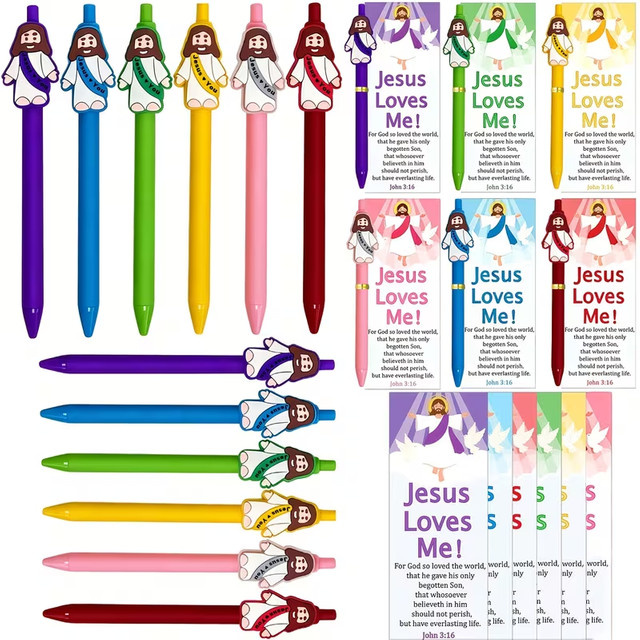 Set aus christlichen Kugelschreibern für Ostern und Weihnachten mit Jesus liebt dich Grußkarte und goldfarbenem Krawattenbinder, mehrfarbig - Bild 1