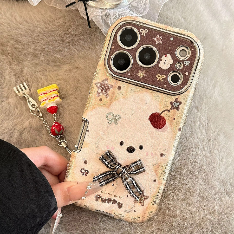 MUQGEW Handyhülle mit Koreanischem Cartoon Welpen Design und Kuchen Anhänger aus Leder Textur für iPhone 11 bis iPhone 17 Pro Max, Stoßfest, Mehrfarbig - Bild 2