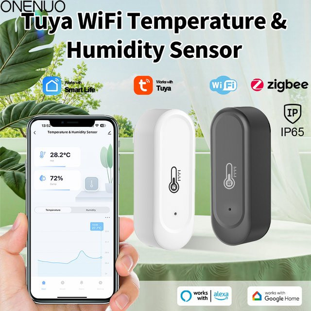 ONENUO Temperatur- und Feuchtigkeitssensor IP65 wasserdichtes Außen-Hygrometer mit Zigbee oder WLAN, kompatibel mit Tuya und Alexa, Farbe: Weiß - Bild 1