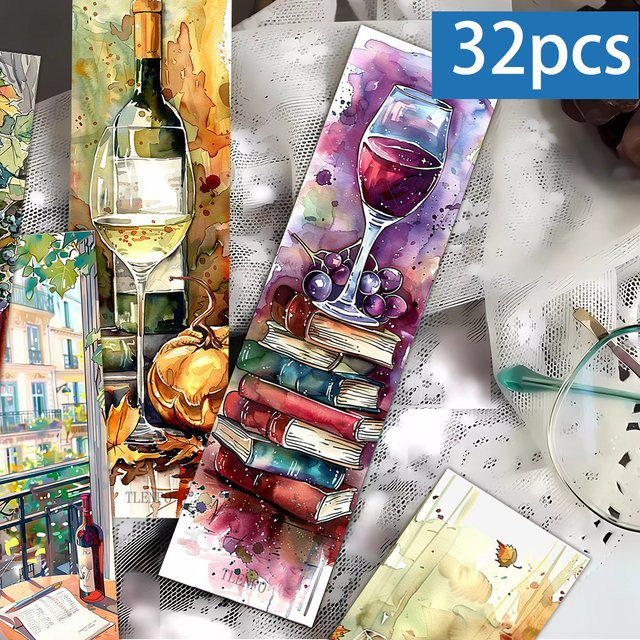 32 Stück Lesezeichen mit Wein- und Buchmotiv in Multicolour aus Papier für Leser und Buchliebhaber - Bild 1