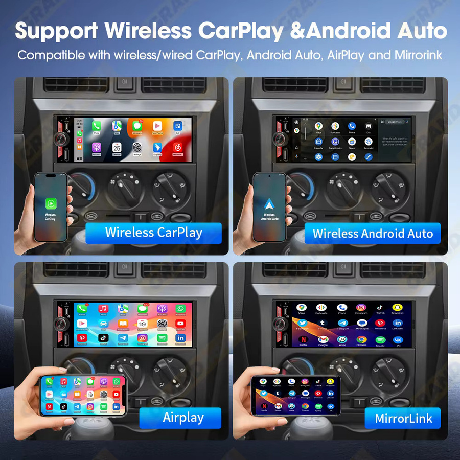 Grandnavi 6,5 Zoll 1Din IPS Autoradio mit kabellosem Carplay, Android Auto und Airplay, Bluetooth, USB-C PD3.0 Schnellladung, Schwarz - Bild 2