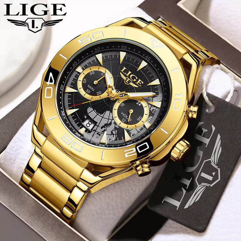 LIGE Armbanduhr Quarz, Edelstahl, Schwarz, Gold, Herren - Bild 2