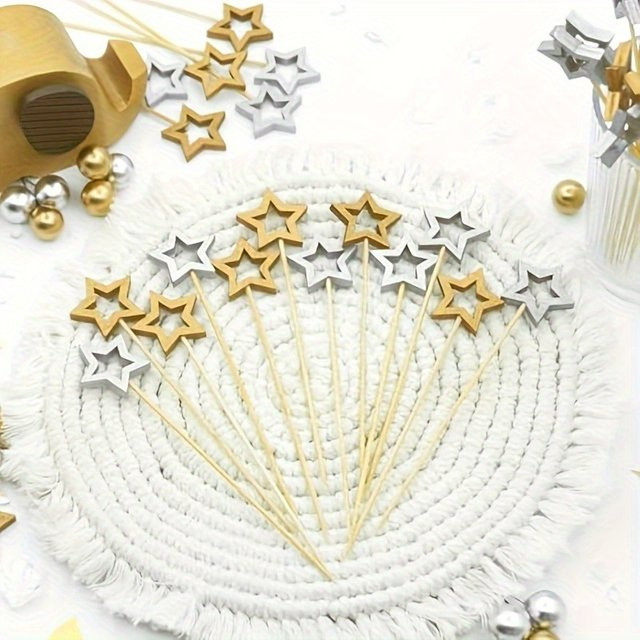 50 Einweg Bambus Spieße in Sternform in Gold und Silber für Buffet, Obst und Cocktails - Bild 1