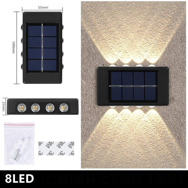 SHIJIN Light Solar-Wandleuchte für den Außenbereich mit 8 LED in Warmweiß, wasserdichte Up-and-Down-Beleuchtung für Garten, Treppe und Zaun - Bild 1