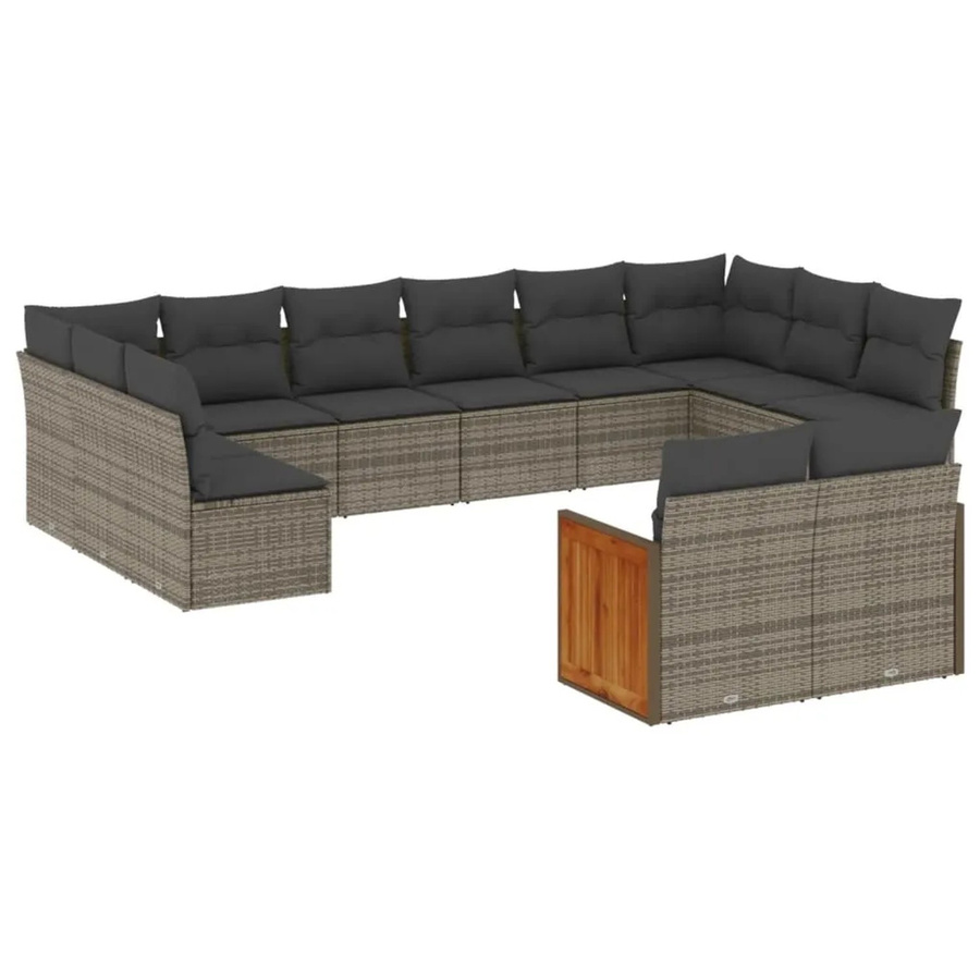 vidaXL 12-tlg. Garten-Sofagarnitur in L-Form aus Polyrattan und Akazienholz in Grau mit Kissen und Stauraum - Bild 2