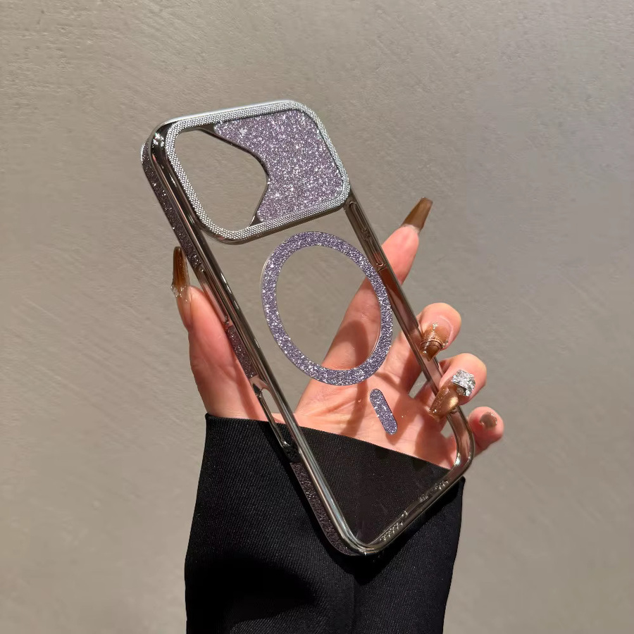 Magnetische iPhone 17 Pro Max Hülle in Transparent mit Silber-Glitzer-Effekt, schlankes Design mit vollständiger Abdeckung - Bild 1