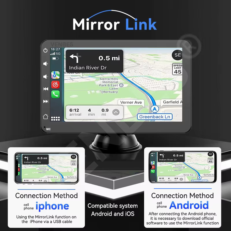 VENBES 7 Zoll Autoradio mit Drahtlosem Carplay und Android Auto, Touchscreen mit Mirror Link und Wi-Fi, Schwarz - Bild 3