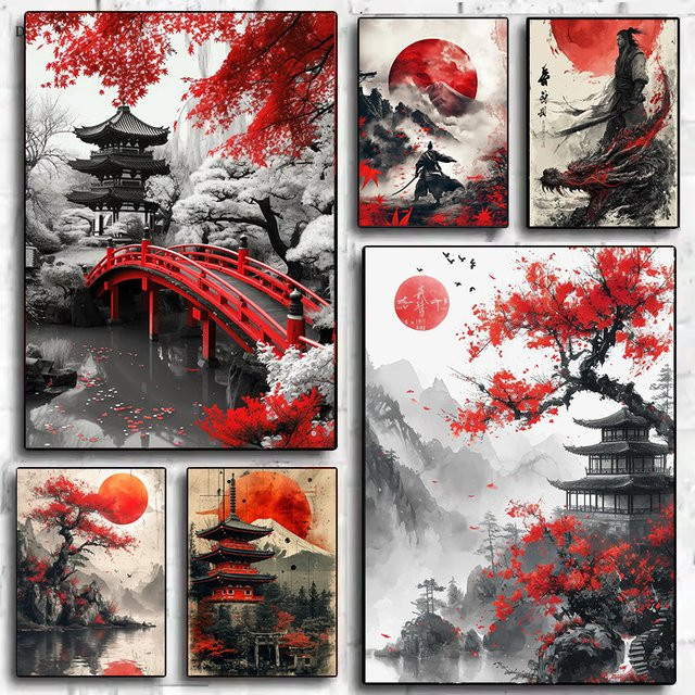 Potdemiel Leinwand Malerei Samurai Krieger Roter Mond Japanische Landschaft mit Berg und Tempel Vintage Wandkunstdruck in Rot - Bild 1