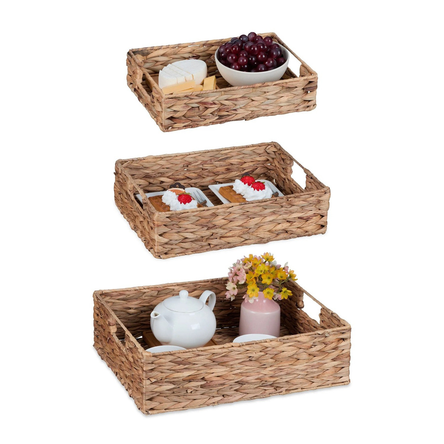 Relaxdays Tablett 3er Set aus Wasserhyazinthe und Stahl in Natur Braun mit Griffen B: 40 cm, T: 30 cm - Bild 2