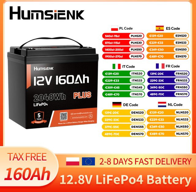 Humsienk LiFePO4 Lithium-Batterie 12,8V 160Ah mit 150A BMS, 2048Wh, Schwarz - Bild 1