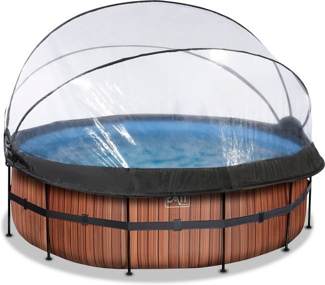 EXIT Wood Pool runder Rahmenpool in Braun mit Sandfilterpumpe, Abdeckung und Poolleiter, Durchmesser: 427 cm, Höhe: 122 cm - Bild 1