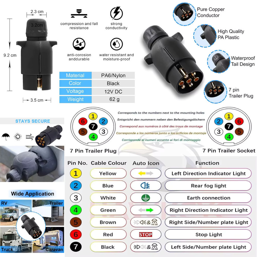12V Anhänger Steckdose Set mit 7/13 Pin Stecker für Autoanhänger und Wohnwagen in Schwarz - Bild 3