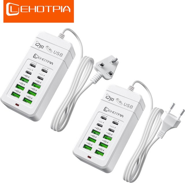 Lehotpia USB-Ladegerät Netzteil mit 1,2 m Verlängerungskabel, 6 USB-A und 4 USB-C Anschlüsse, Weiß, Kompatibel mit EU UK US Steckern - Bild 1