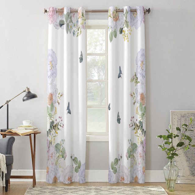 Super Six Vorhang mit Aquarell-Blumen und Schmetterlingen in Weiß und Multicolour, semi-transparent, B: 135 cm, H: 60 cm - Bild 1