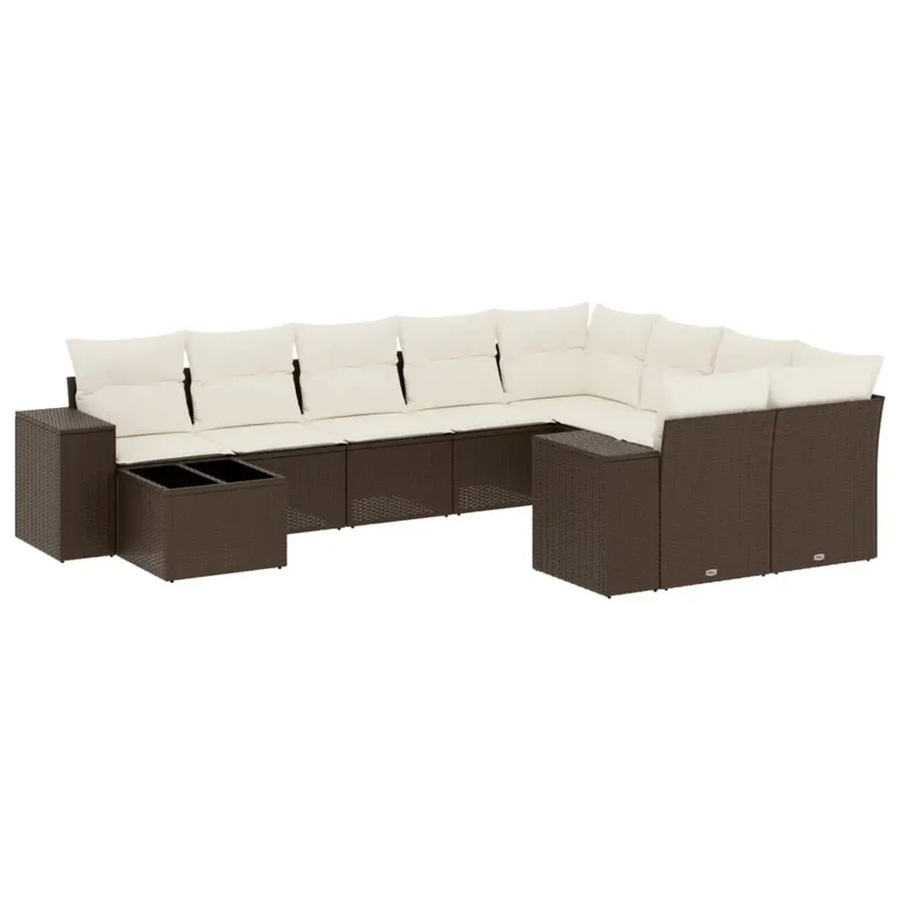 vidaXL 10-tlg. Garten-Sofagarnitur in L-Form aus braunem Polyrattan mit cremeweißen Kissen und Metallrahmen - Bild 2