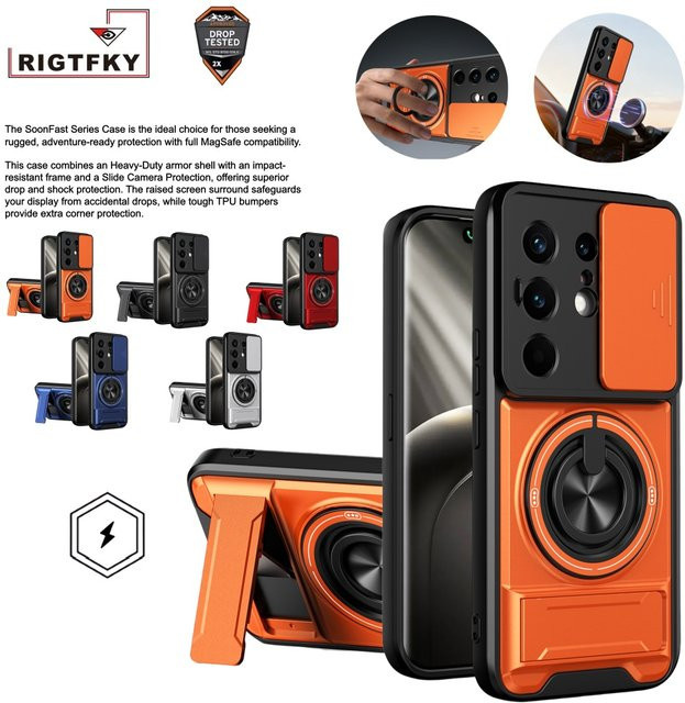 Stoßfeste Panzer-Handyhülle für Tecno Camon 50 40 30 20 Pro, Pova 6 Neo 7 Ultra mit Kameraschutz, Ständer und magnetischer Abdeckung in Orange - Bild 1