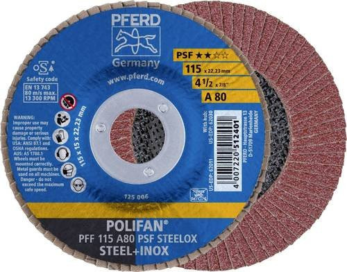 PFERD POLIFAN PSF STEELOX Fächerschleifscheibe für Stahl und Edelstahl, Durchmesser: 115 mm, Bohrungs-Ø: 22,23 mm, Körnung: 80 - Bild 1