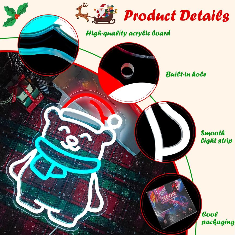 Wanxing Eisbär-Neonschild mit Weihnachtsmütze, dimmbares Leuchtschild als Wanddekoration für Weihnachten, Party und Kinderzimmer - Bild 4