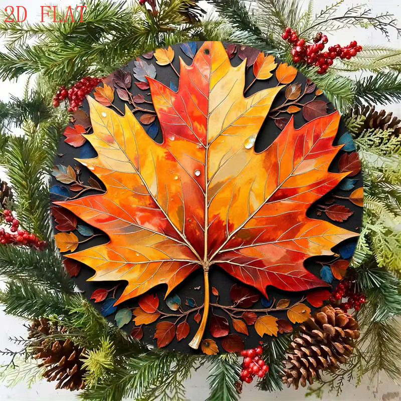Rundes Aluminium-Wandschild von Potdemiel mit Herbst-Ahornblatt-Motiv in Rot, Orange und Gelb auf schwarzem Hintergrund, Durchmesser: 20,32 cm - Bild 5