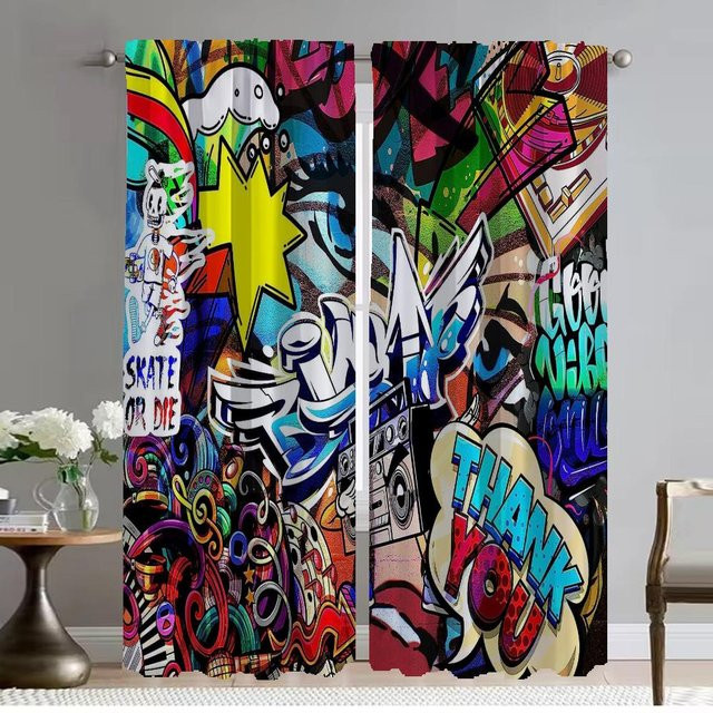 2er-Set Hip-Hop Graffiti Trennwand-Vorhänge in Multicolour, Verdunkelungsvorhänge für Küche und Zimmer, Breite: 60 cm, Höhe: 90 cm - Bild 1