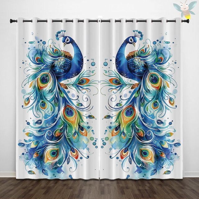 2er-Set Vorhänge mit Pfauenmuster in Blau, halbtransparent mit Ösen, B: 140 cm, H: 160 cm - Bild 1
