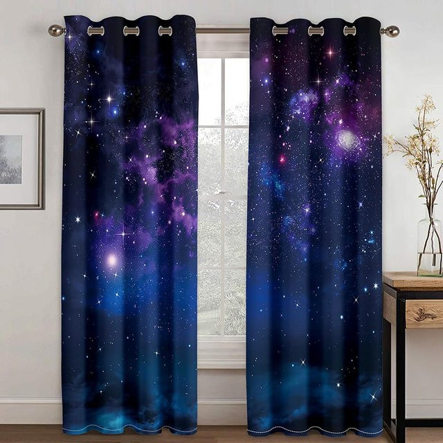 2er-Set Verdunklungsvorhänge mit 3D Galaxie-Sternenhimmel-Design in Blau, Breite: 100 cm, Höhe: 130 cm - Bild 1