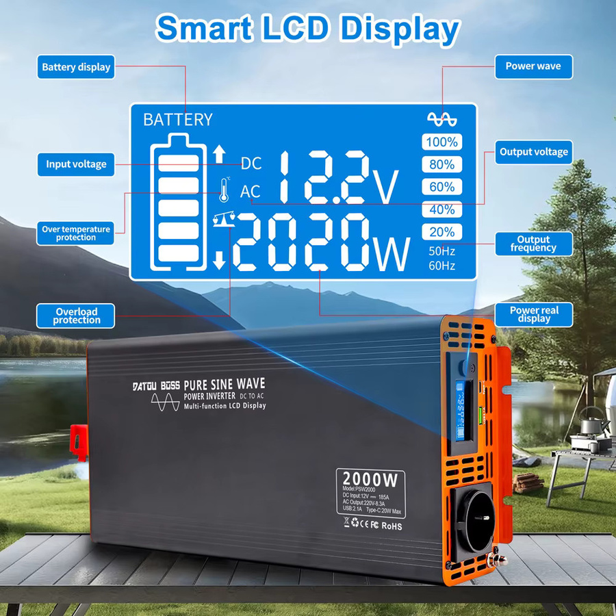 DATOUBOSS Wechselrichter 2000W Reiner Sinus DC 12V/24V/36V auf AC 220V Stromwandler mit USB Typ C und LCD in Schwarz - Bild 3