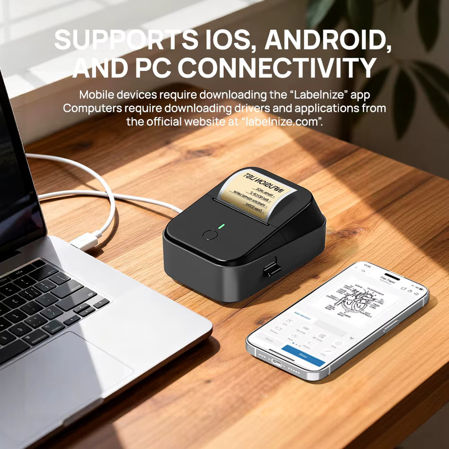 Tragbarer kabelloser Thermodrucker POLONO PM260B in Schwarz mit Bluetooth und USB-C Verbindung, 203 DPI hochauflösend, kompatibel mit 30-50 mm Breite und 48 mm Druckbreite - Bild 5