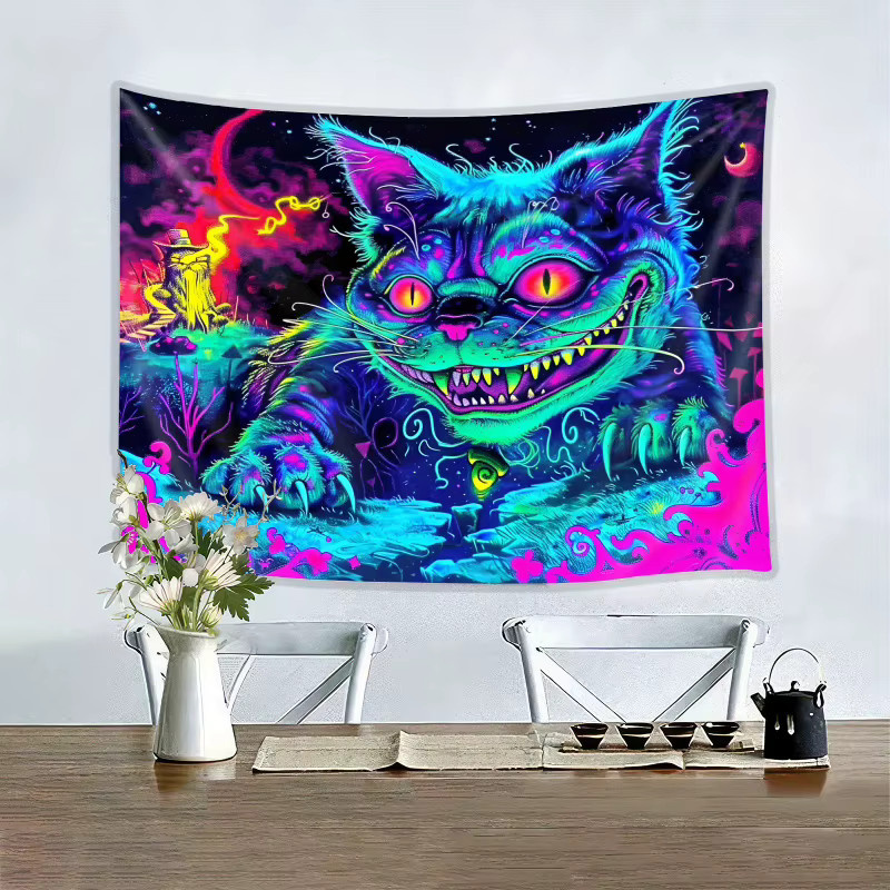 VIKAMA Fantasy Cheshire Cat Wandteppich mit Farbverlauf und Mondlicht-Effekt, Mehrfarbig - Bild 3