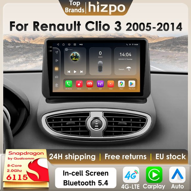 Hizpo Autoradio für Renault Clio 3 (2005-2014) mit Qualcomm Snapdragon 6115, 8GB RAM, 128GB ROM, GPS, 4G und Carplay in Schwarz - Bild 1