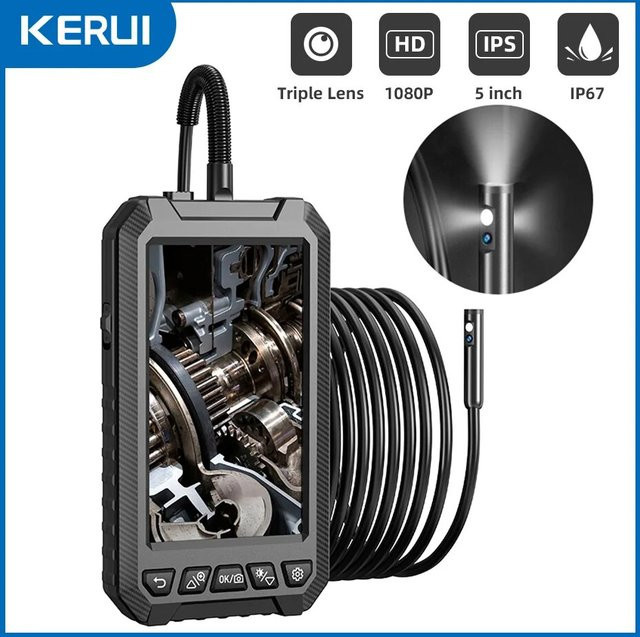 Kerui Industrie-Endoskop Kamera mit Dual- und Triple-Lens, 5 Zoll LCD-Display, 1080p Digitalaufnahme, wasserdicht, Farbe: Schwarz - Bild 1