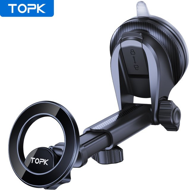 TOPK Magnetischer Autotelefonhalter für MagSafe mit N52 Starkmagnet, Saugnapf für das Armaturenbrett und verstellbarem Teleskoparm, Schwarz - Bild 1