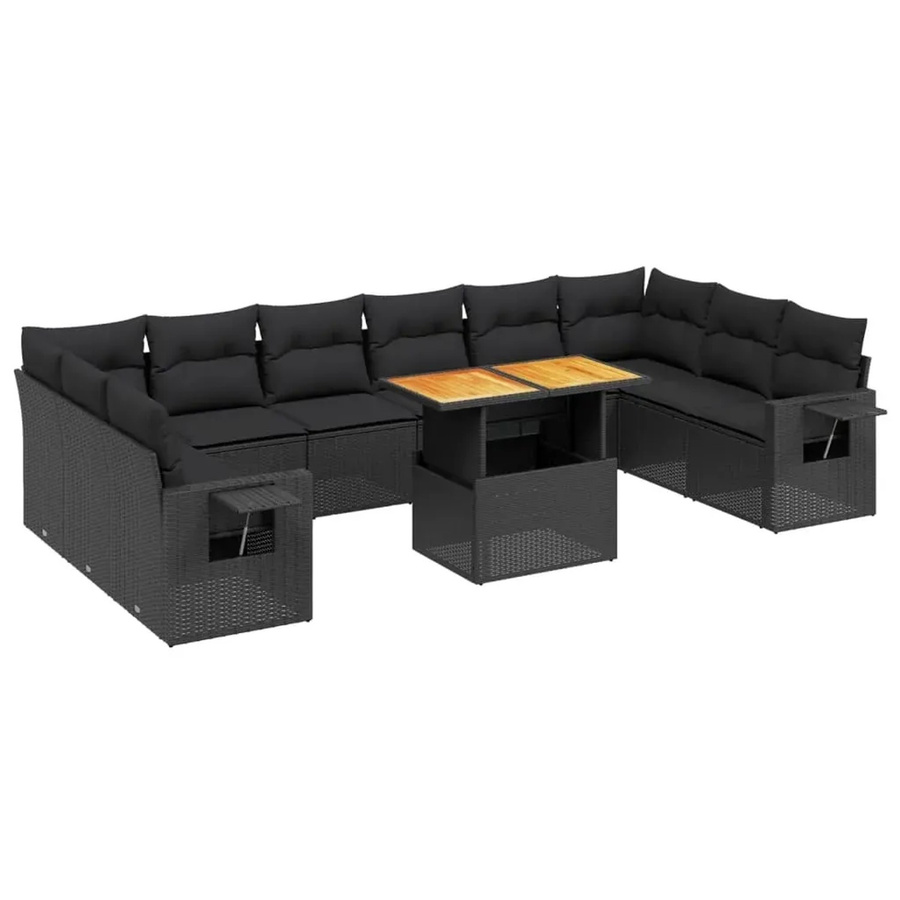 vidaXL 11-tlg. Garten-Sofagarnitur in L-Form aus Poly-Rattan und Akazienholz mit Kissen, Schwarz - Bild 2