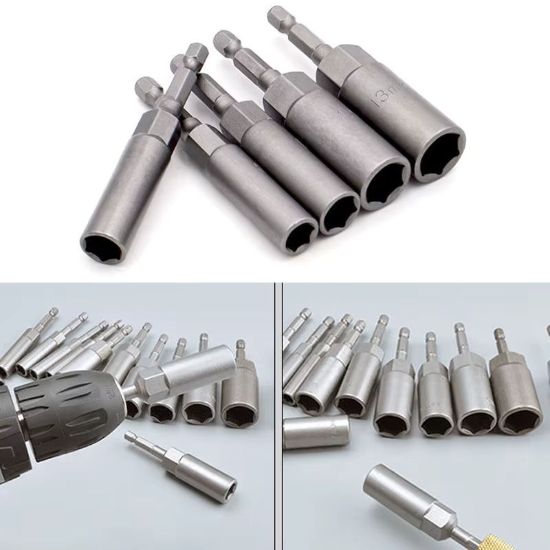 Universal Steckschlüsselsatz mit 1/4 Hex Schaft für elektrische Schrauber, Set aus tiefen Steckdosen in den Größen 8, 10, 12, 14 und 17 mm, Farbe: Silber - Bild 4