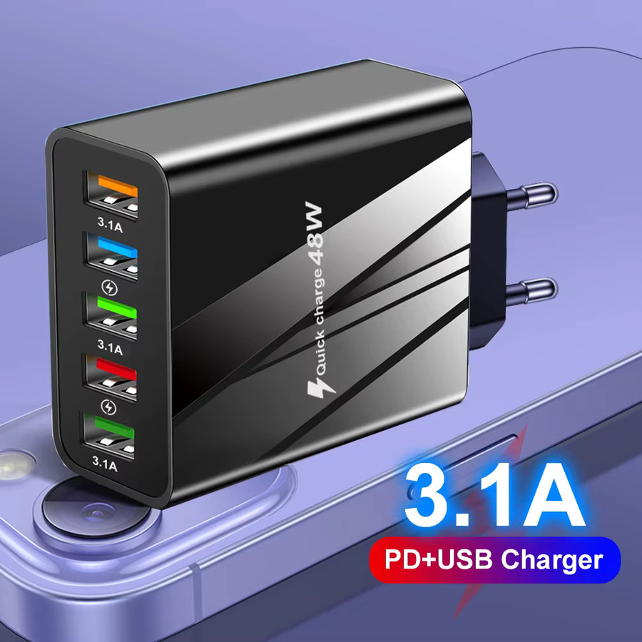 Wocoolsi 48 W USB Schnellladegerät mit QC 3.0 und 5 Ports, Wandladegerät Adapter in Schwarz für iPhone, Samsung und Xiaomi, EU und US Stecker - Bild 4