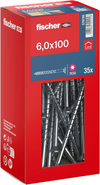Fischer PowerFast II Senkkopf TX Teilgewindeschraube für Holz, Durchmesser: 6 mm, Länge: 100 mm, Silber, 35 Stück - Bild 1