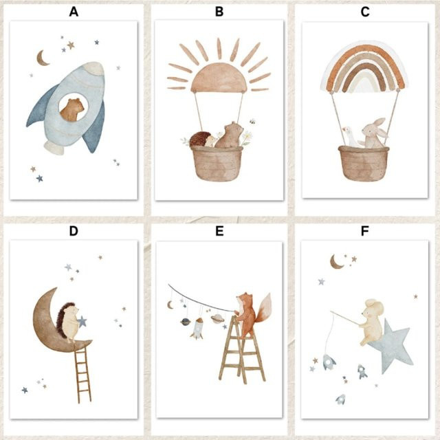 Potdemiel Wandkunstdruck Leinwand Poster mit Nordic Raum Motiven Bär Kaninchen Igel Biene und Blumen in Mehrfarbig - Bild 1