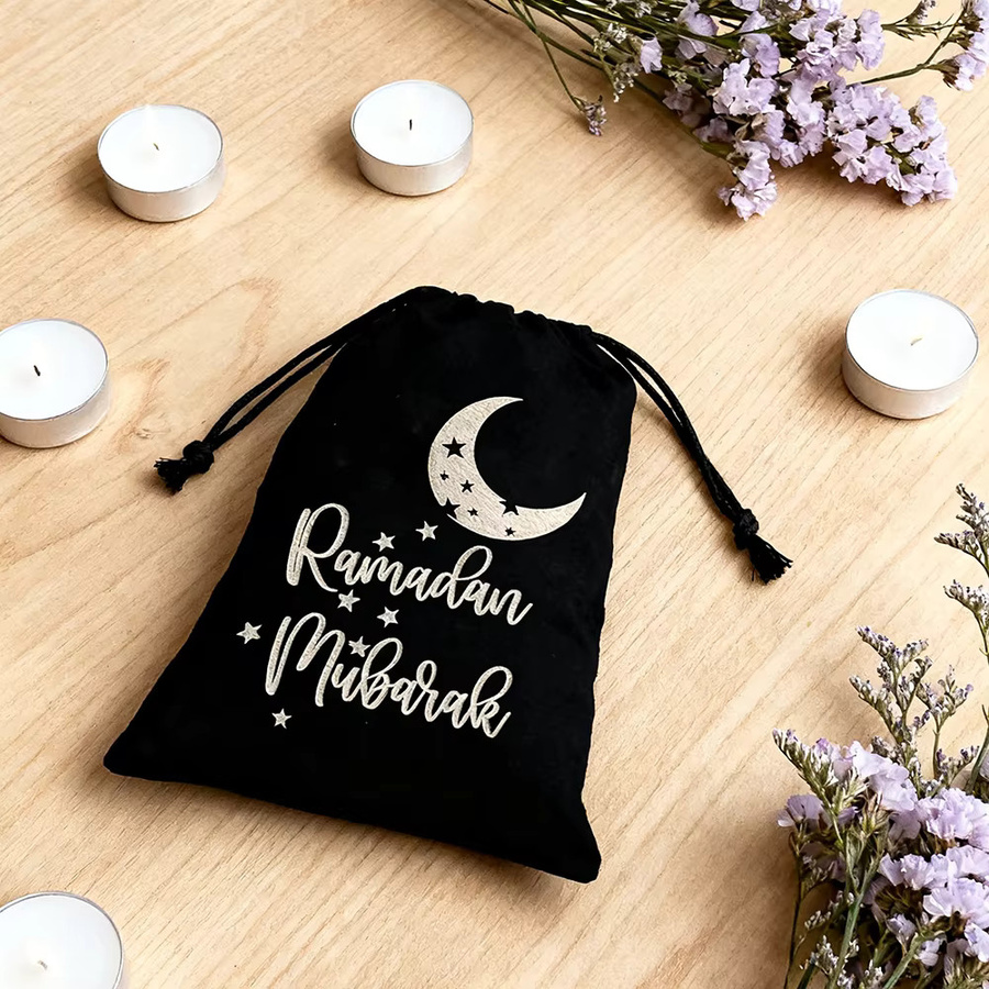 5 Stück Geschenktüten aus schwarzem Samt mit Mond und Sternen für Ramadan und Eid al Fitr - Bild 2