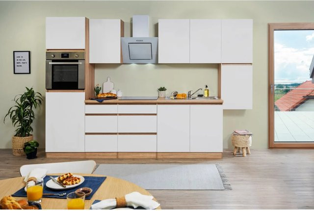 Respekta Küchenzeile modern in Weiß Hochglanz und Eiche Sägerau ohne Elektrogeräte B: 320 cm, H: 220,5 cm, T: 60 cm - Bild 1