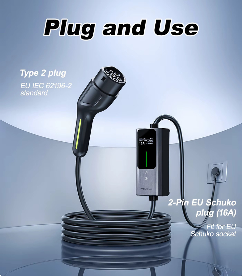 VDL Elektroauto Ladegerät Typ 2 mit 3,6 kW Leistung, einstellbare Stromstärke 6/8/10/13/16 A, 5 m Ladekabel mit EU-Schuko-Stecker, IP65 Ladestation für Einphasenstrom, grau - Bild 2