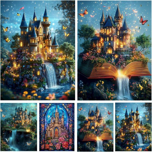 5D Diamant-Malerei-Set Potdemiel Fantasy-Schloss mit Wasserfall und Landschaft als Mosaik-Stickerei für die Wanddekoration, Full Drill, Rund - Bild 1