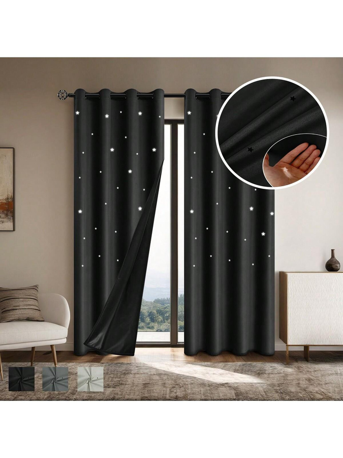 Yiran Furniture Verdunkelungsvorhang mit Sternen-Design in Dunkelgrau, lichtblockierend, B: 100 cm, H: 200 cm - Bild 1