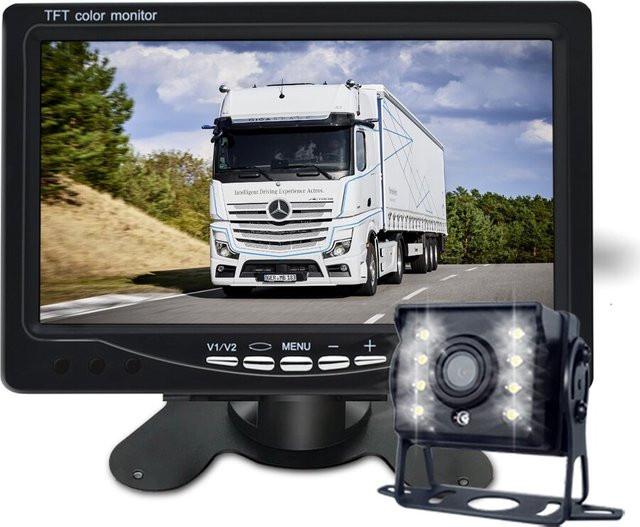 QXNY Rückfahrkamera Set mit 7-Zoll LCD-Farbmonitor, 12V/24V CVBS Rückfahtsystem für LKW, Bus, Wohnmobil und Anhänger, Schwarz - Bild 1