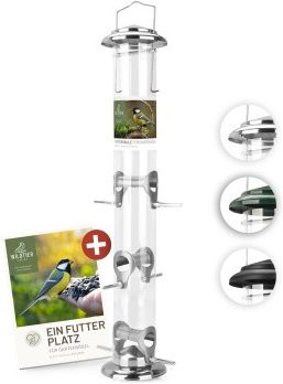 Wildtier Liebe Futtersäule für Samen, Körner und Kerne aus Edelstahl und Kunststoff, Silber, Höhe: 52 cm - Bild 1